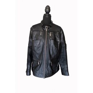 Jessica London Black Leather Moto Jacket Cafe Racer Buckle Collar Size 12